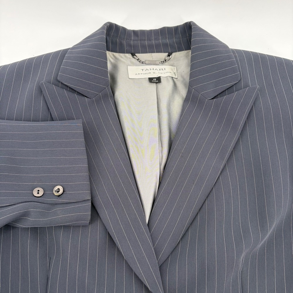 Tahari Arthur S Levine Womens Grey Pinstripe Peak Lapel Two Button Blazer Sz 10